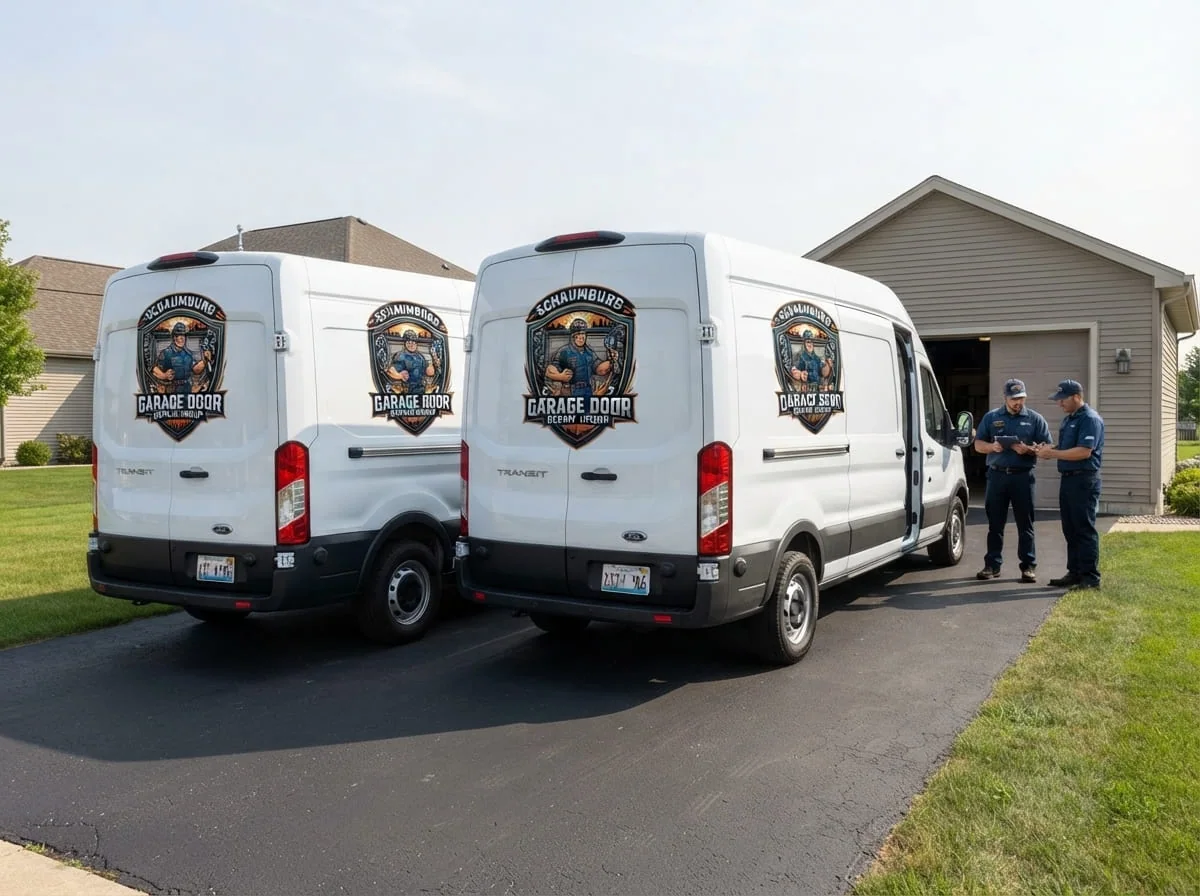 Technician repairing a residential garage door in the Hoover Park neighborhood of Schaumburg, IL