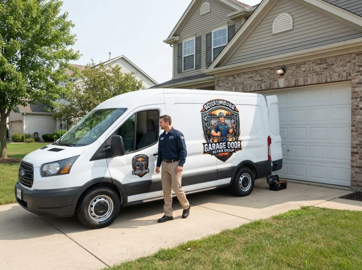 Garage Door Repair in Palatine, IL Technician repairing a garage door on a home in Palatine, IL