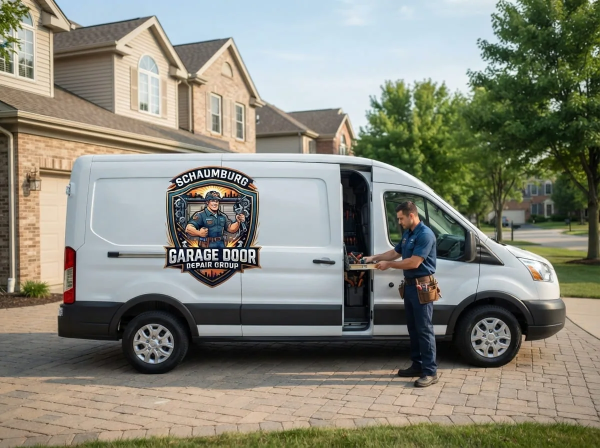 Garage door repair technician servicing a home in Roselle, IL