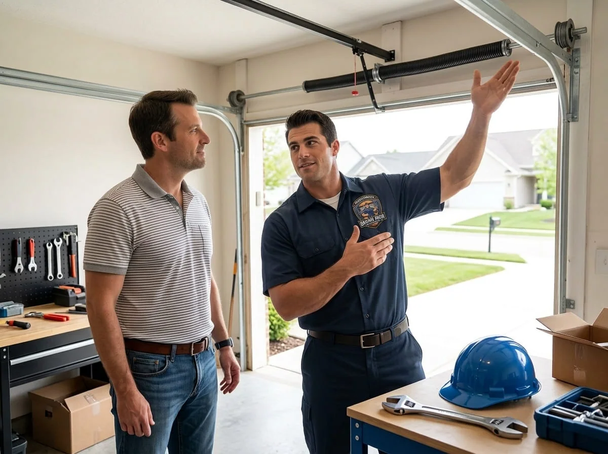 Technician balance-testing a garage door after spring replacement